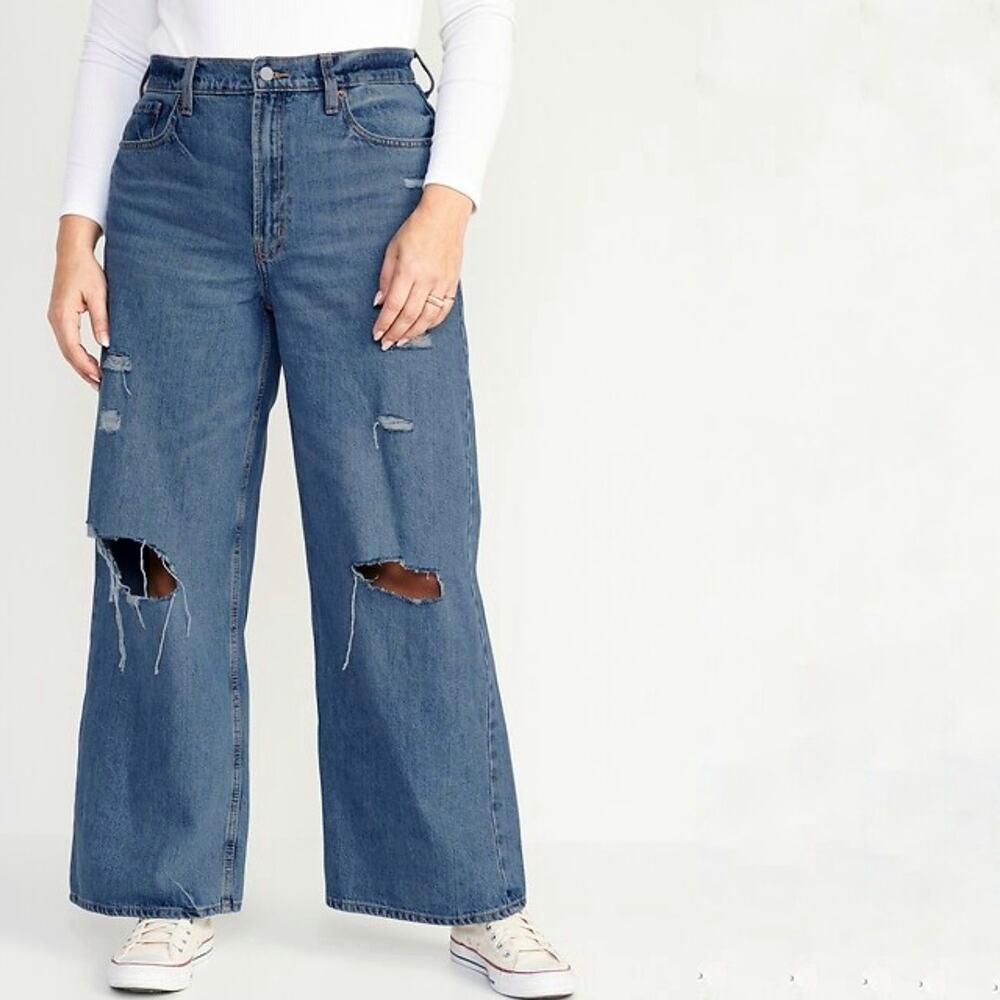 Old Navy Extra High Rise Loose‎ Fit Wide Leg Distressed Jeans 12 Blue Baggy